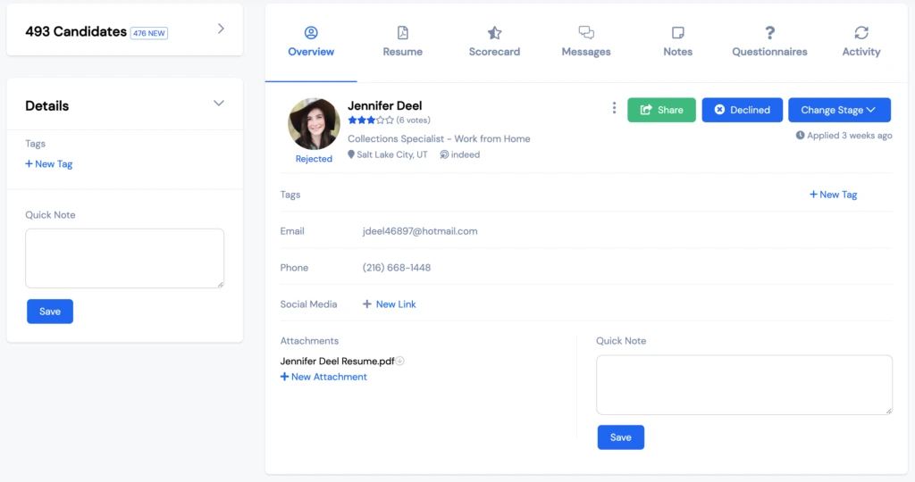 Perfil de candidato en VIVA HR ATS